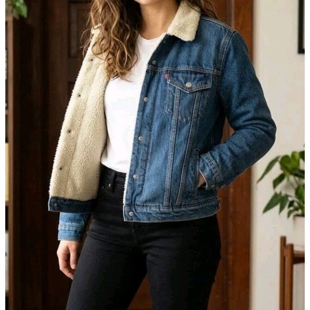 Levi Strauss Womens Original Sherpa Denim Trucker Jacket Faux Fur Lined Size L